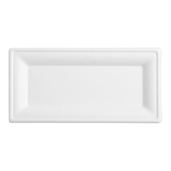 A white rectangular Fineline Conserveware bagasse plate.