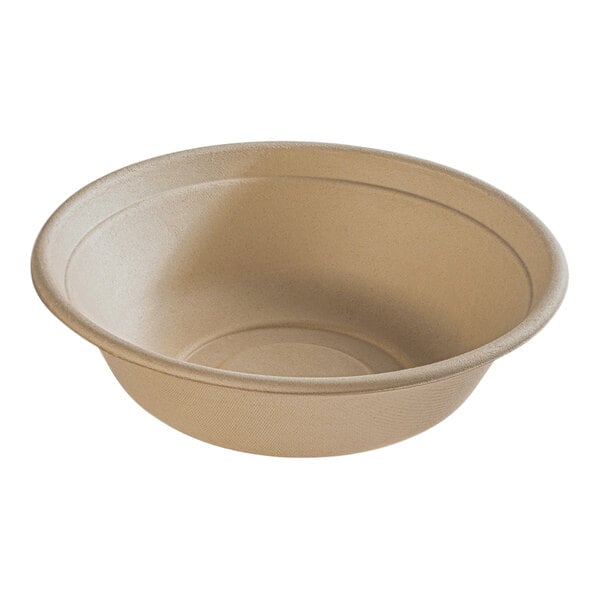 A close up of a Fineline Tan Bagasse Round Bowl with a white background.