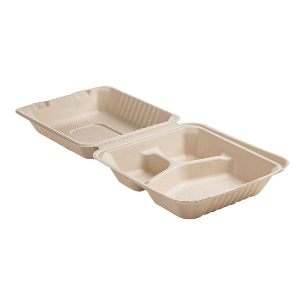 Two Fineline bagasse take-out containers with lids.