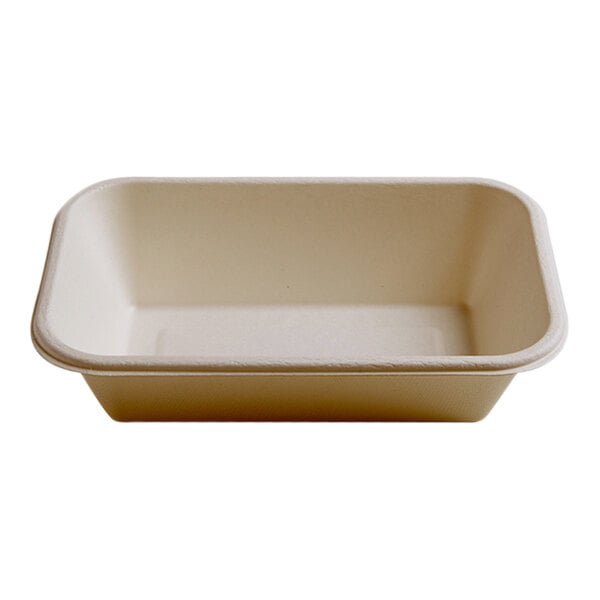 A white rectangular Fineline bagasse bowl with a black border.