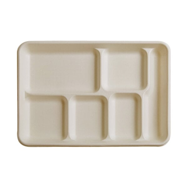 A white Fineline bagasse tray with six rectangular compartments.