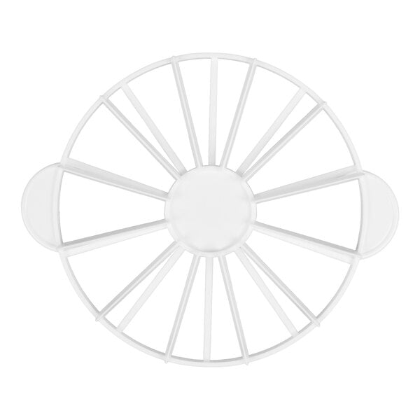 A round, white plastic tool with evenly spaced radial dividers and two side handles, designed for marking or slicing cakes into equal portions.