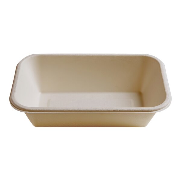 A white rectangular bowl made of bagasse with black lines.