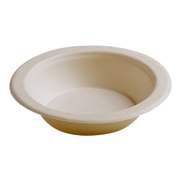 A close up of a white Fineline bagasse bowl with a white background.