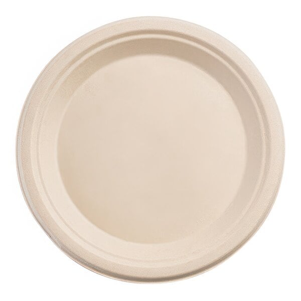 A white plate with a beige rim.