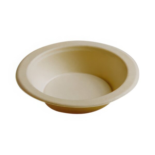A close-up of a Fineline bagasse round bowl with a white background.