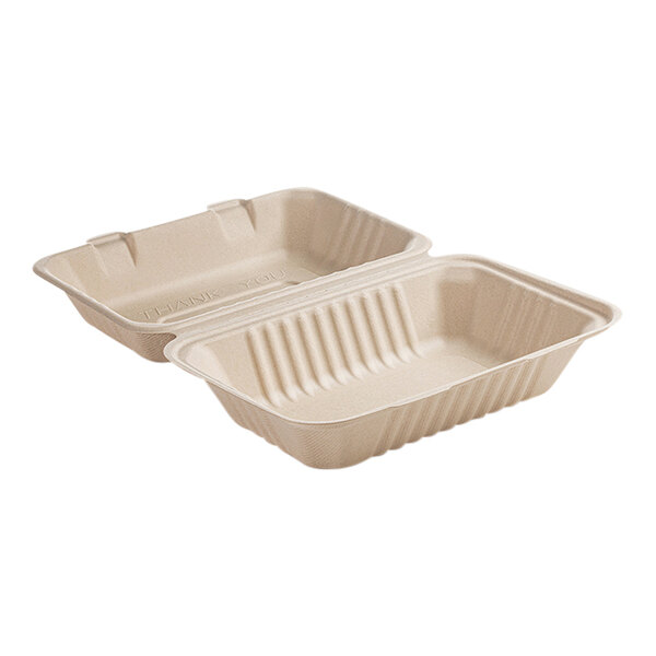 A close-up of two Fineline bagasse take-out containers with lids on a white surface.