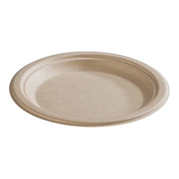 A close-up of a Fineline bagasse paper plate.