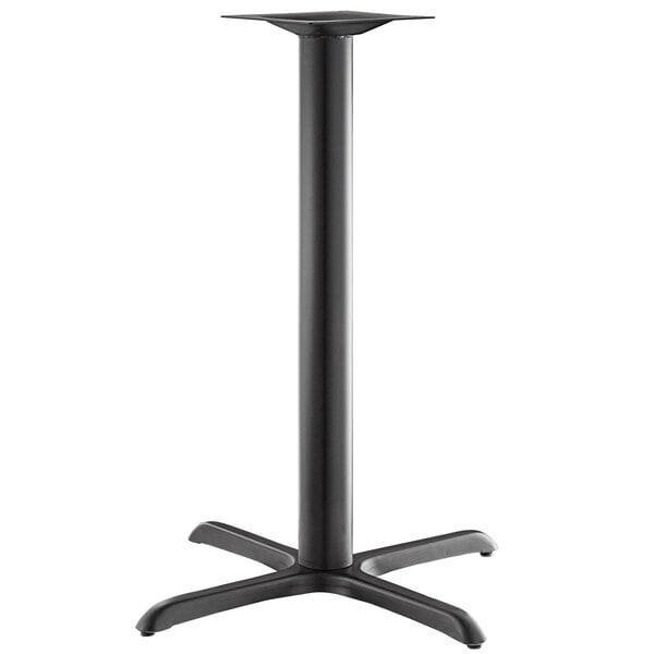 A black metal table base with a black pole.