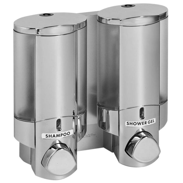 A chrome Dispenser Amenities Aviva wall-mounted soap dispenser with two translucent bottles.