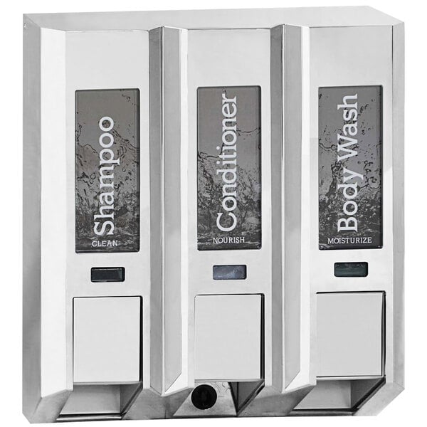 A chrome wall-mounted shower dispenser with three chambers and chrome buttons.