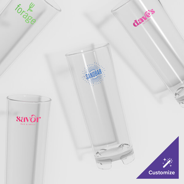 A group of empty clear plastic GET Roc N' Roll Collins glasses.