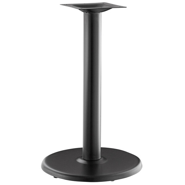 A black metal Lancaster Table & Seating Excalibur outdoor table base with a black pole.