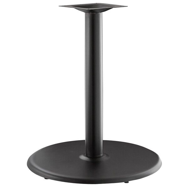 A black metal round table base with a black pole.