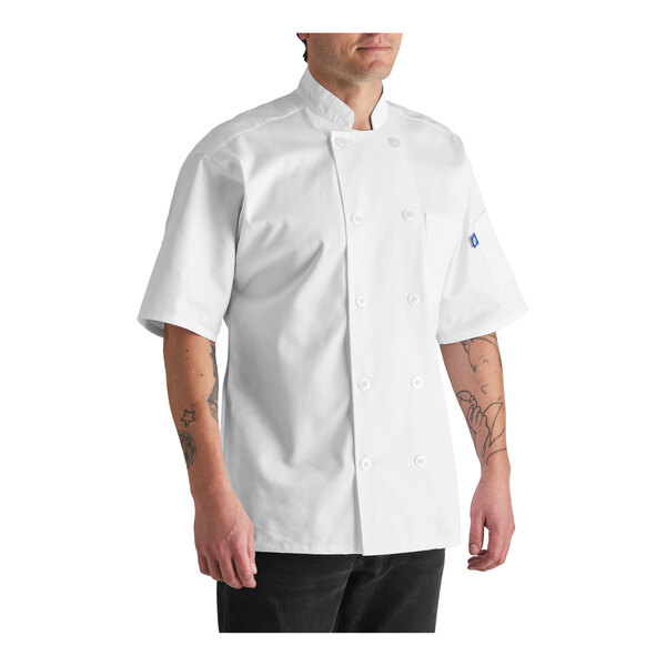 A unisex white short sleeve chef coat in size 2XL.