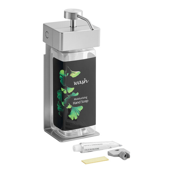 A wall mounted Dispenser Amenities SOLera shower dispenser with rectangular bottles for soap and hand sanitizer with a Ginkgo label.