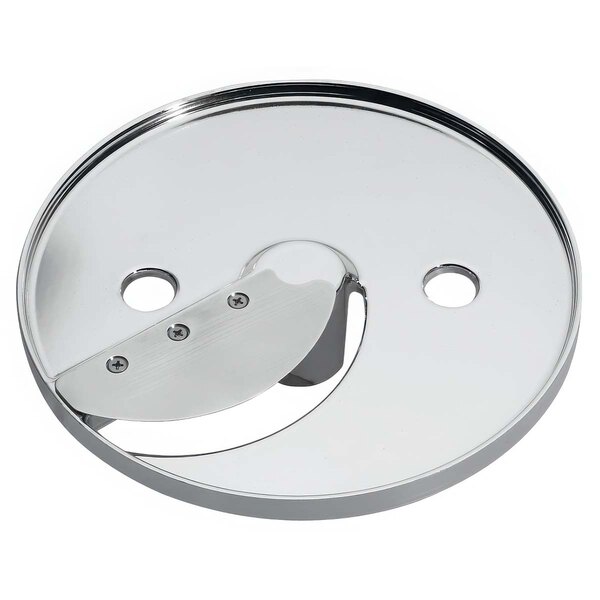 A Waring 5/16" stainless steel slicing disc, a circular metal object with holes.