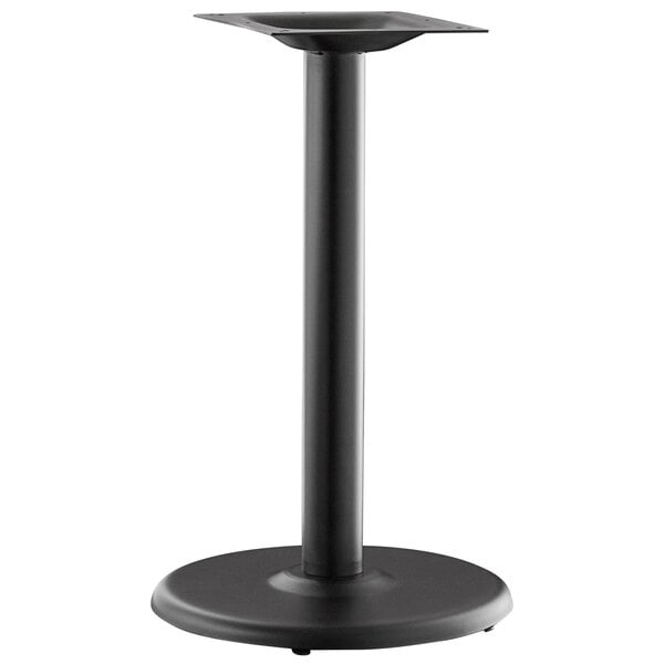 A black metal Lancaster Table & Seating Excalibur outdoor table base with a black pole.