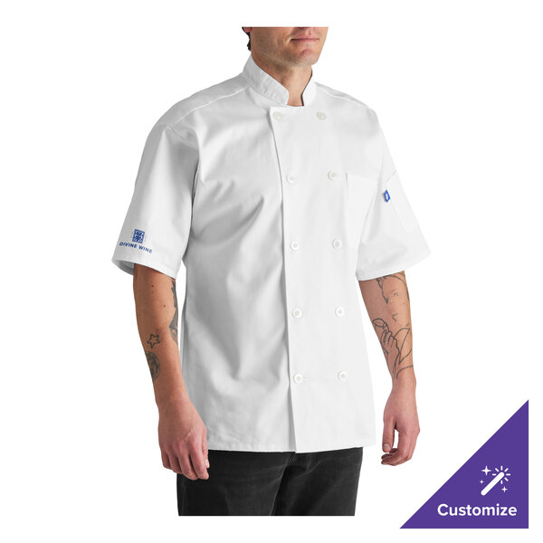 A unisex white short sleeve chef coat in size 6XL with customizable options.