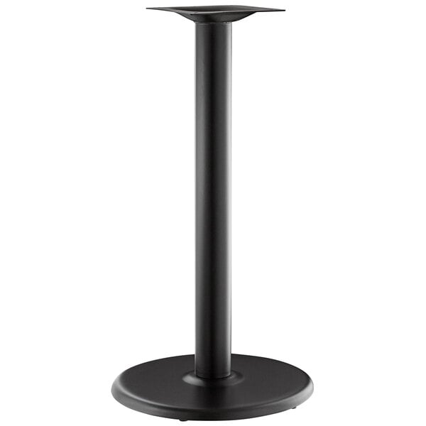 A black metal Lancaster Table & Seating Excalibur outdoor table base with a black pole.