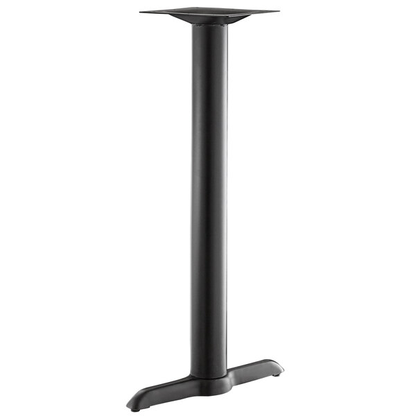 A black metal Lancaster Table & Seating outdoor table base with a black cylindrical column.