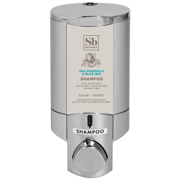 A chrome wall-mounted Aviva soap dispenser with a satin silver cap and label.