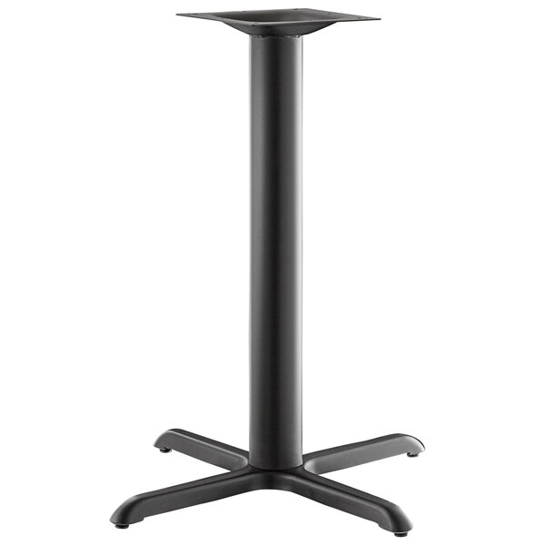 A black metal Lancaster Table & Seating table base with a square top and counter height column.