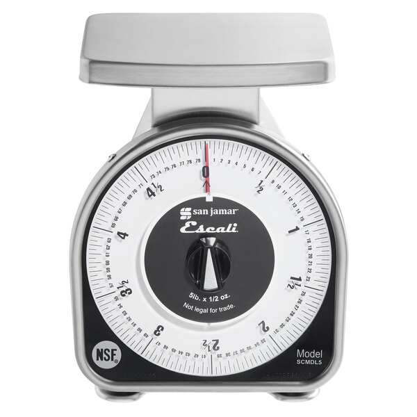 A close up of a San Jamar Escali 5 lb. mechanical portion scale.