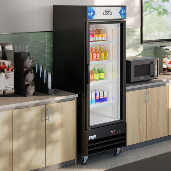 Avantco GDC-23-HC 28 3/8" Black Swing Glass Door Merchandiser Refrigerator with LED Lighting and Customizable Panel