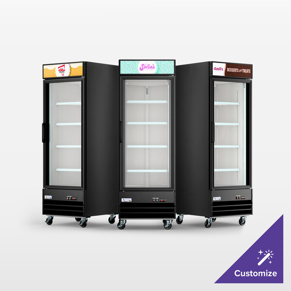 Avantco GDC-23-HC 28 3/8" Black Swing Glass Door Merchandiser Refrigerator with LED Lighting and Customizable Panel