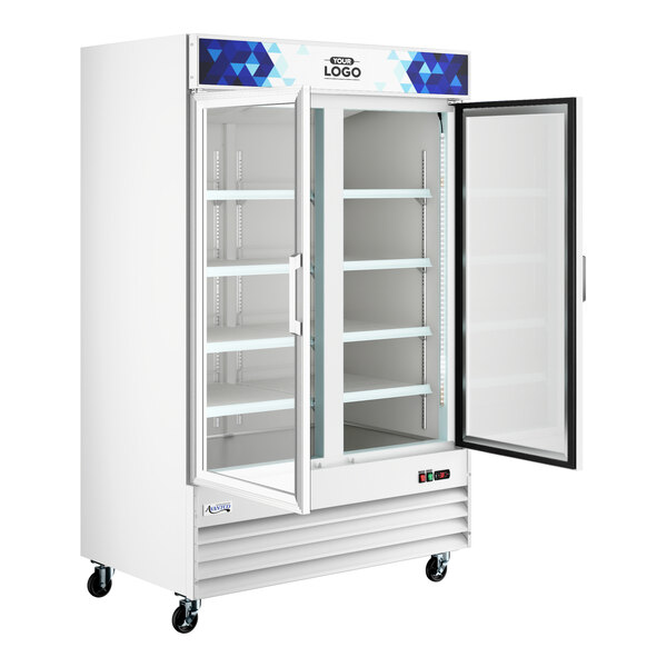 Avantco GDC-49F-HC 53 1/8" White Swing Glass Door Merchandiser Freezer with LED Lighting and Customizable Panel