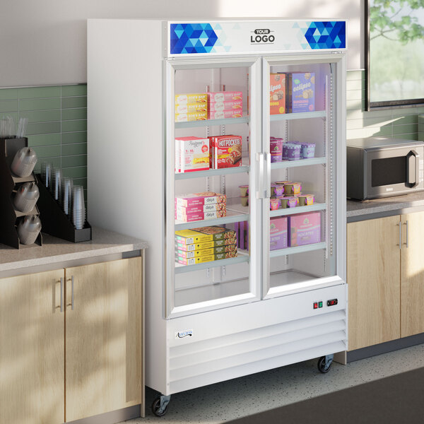 Avantco GDC-49F-HC 53 1/8" White Swing Glass Door Merchandiser Freezer with LED Lighting and Customizable Panel