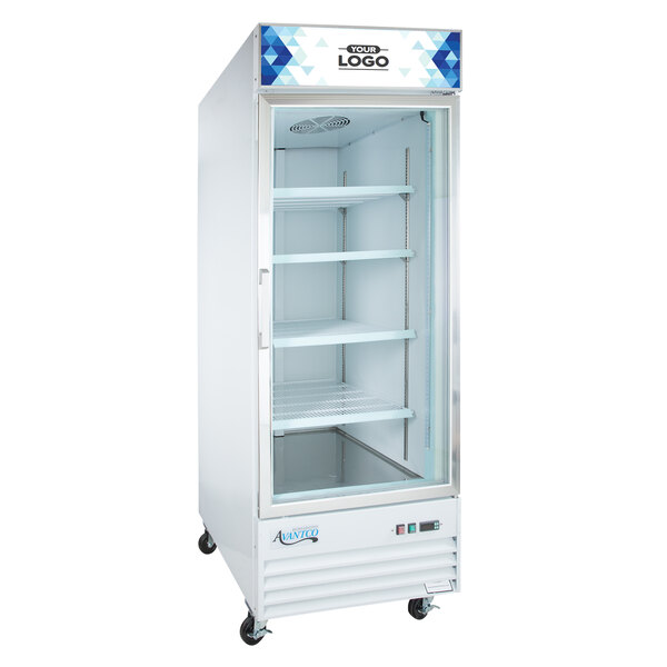 An Avantco white glass door freezer on wheels.