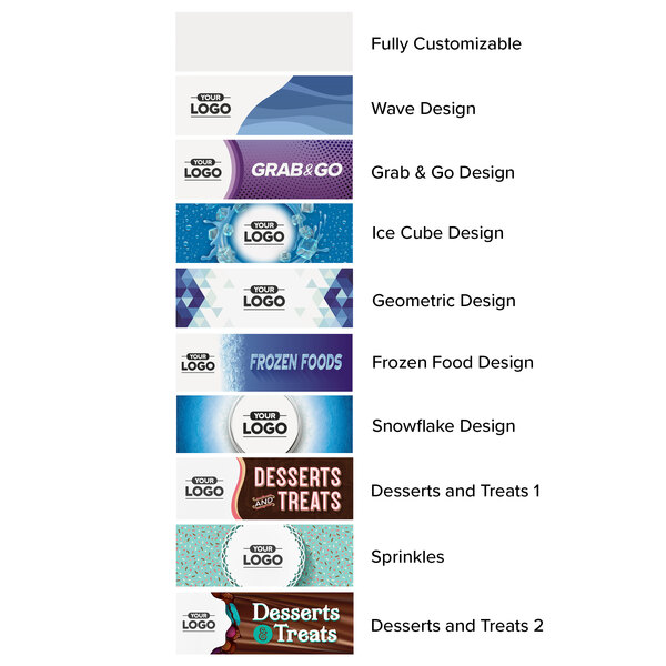 A white Avantco glass door freezer with customizable panels and LED lighting with a group of different logos on blue and white banners.