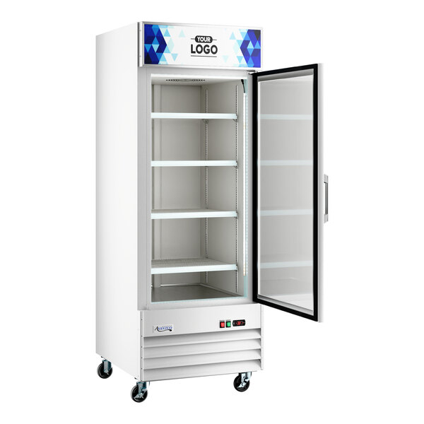 Avantco GDC-24F-HC 31 1/8" White Swing Glass Door Merchandiser Freezer with LED Lighting and Customizable Panel