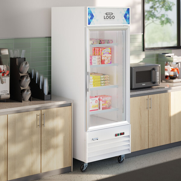 Avantco GDC-24F-HC 31 1/8" White Swing Glass Door Merchandiser Freezer with LED Lighting and Customizable Panel