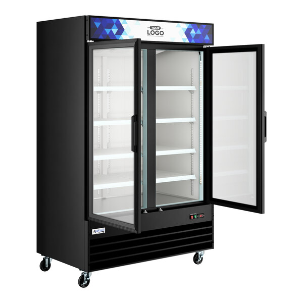 Avantco GDC-49F-HC 53 1/8" Black Swing Glass Door Merchandiser Freezer with LED Lighting and Customizable Panel