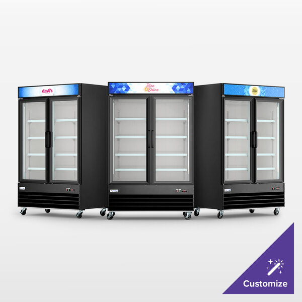 A black swing glass door merchandiser freezer with LED lighting and a customizable panel.