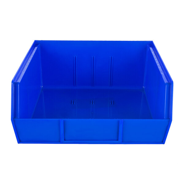 A blue plastic Metro stack bin.