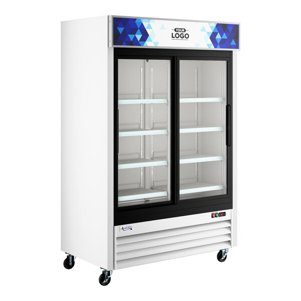 Avantco GDS-47-HC 53 1/8" White Sliding Glass Door Merchandiser Refrigerator with LED Lighting and Customizable Panel
