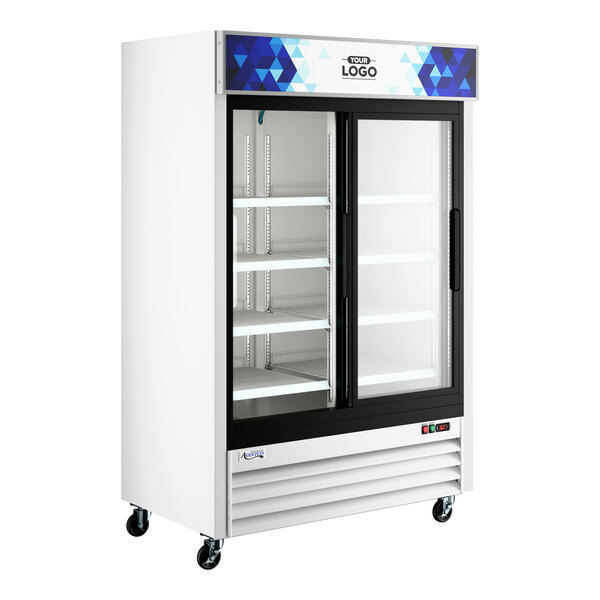 Avantco GDS-47-HC 53 1/8" White Sliding Glass Door Merchandiser Refrigerator with LED Lighting and Customizable Panel