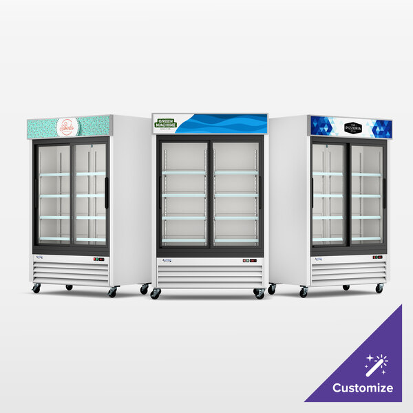 Avantco GDS-47-HC 53 1/8" White Sliding Glass Door Merchandiser Refrigerator with LED Lighting and Customizable Panel