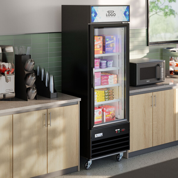 Avantco GDC-12F-HC 27 1/8" Black Swing Glass Door Merchandiser Freezer with LED Lighting and Customizable Panel