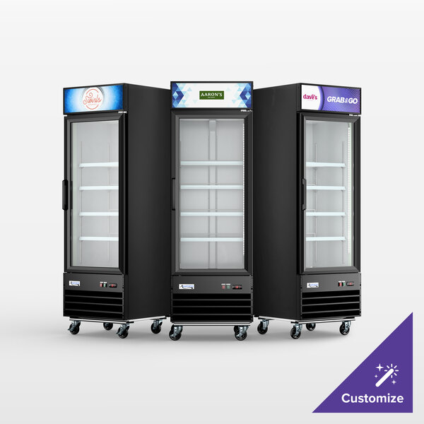 Avantco GDC-12F-HC 27 1/8" Black Swing Glass Door Merchandiser Freezer with LED Lighting and Customizable Panel