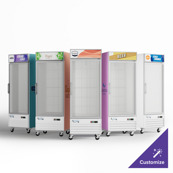 A row of Avantco white glass door ice merchandisers with customizable panels.