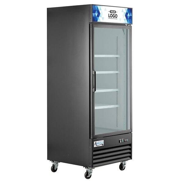 An Avantco black swing glass door merchandiser freezer on wheels.