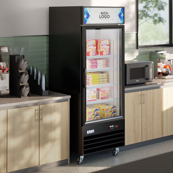 Avantco GDC-24F-HC 31 1/8" Black Swing Glass Door Merchandiser Freezer with LED Lighting and Customizable Panel