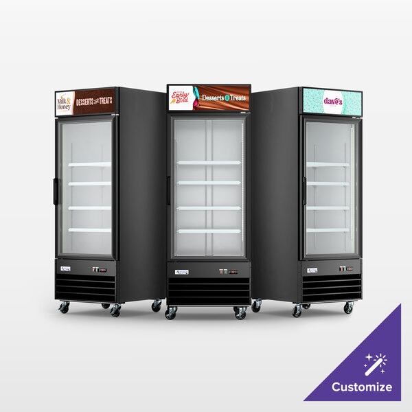 Avantco GDC-24F-HC 31 1/8" Black Swing Glass Door Merchandiser Freezer with LED Lighting and Customizable Panel