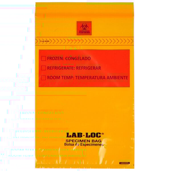 A yellow plastic LK Packaging bag with a removable biohazard symbol on it and black text.