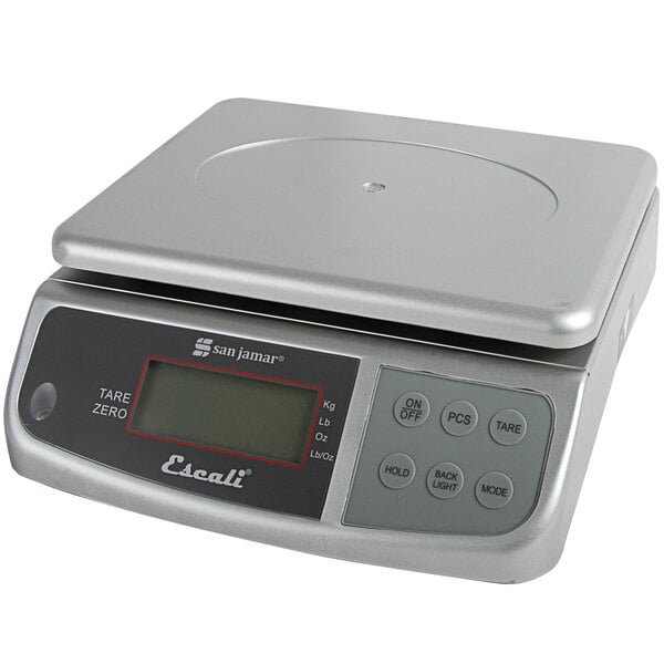 A grey San Jamar digital kitchen scale with a screen.